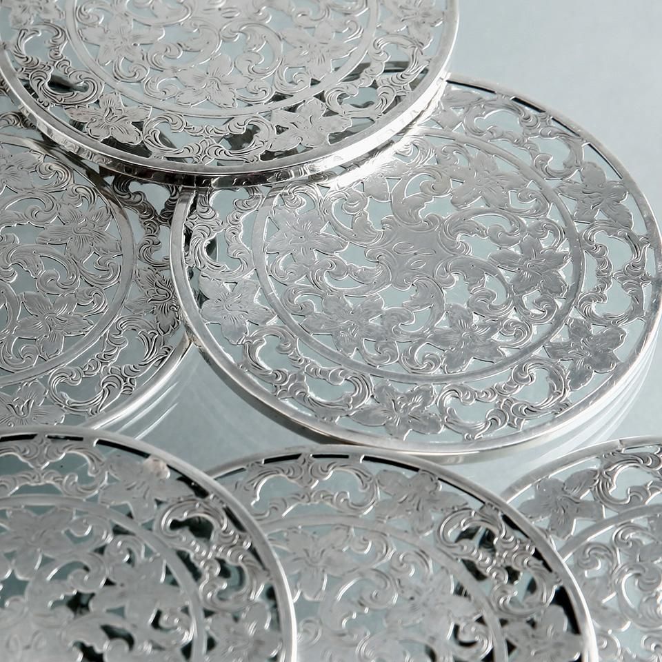 純銀オーバーレイ＆ガラスのコースター 6枚セット Webster 19世紀末