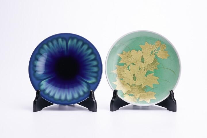 九谷焼 八十吉造 伝統工芸 水指 青と茶色のグラデーション陶器 蓋付き