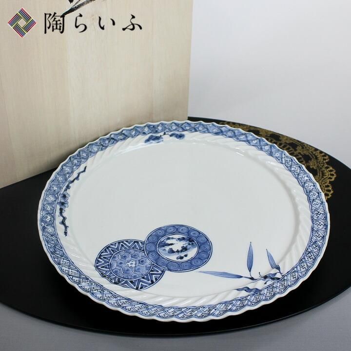 宮内庁御用窯】8.5号皿 青華双輪文/山本長左