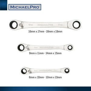 4-in-1 ラチェットめがねレンチセット 3本セット 8,9,10,11,12,13,14