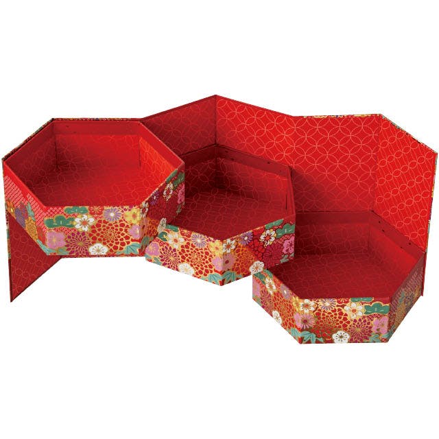 ヘッズ ギフトボックス W197×D172×H182mm 赤 4個 和風六角三段貼箱 和