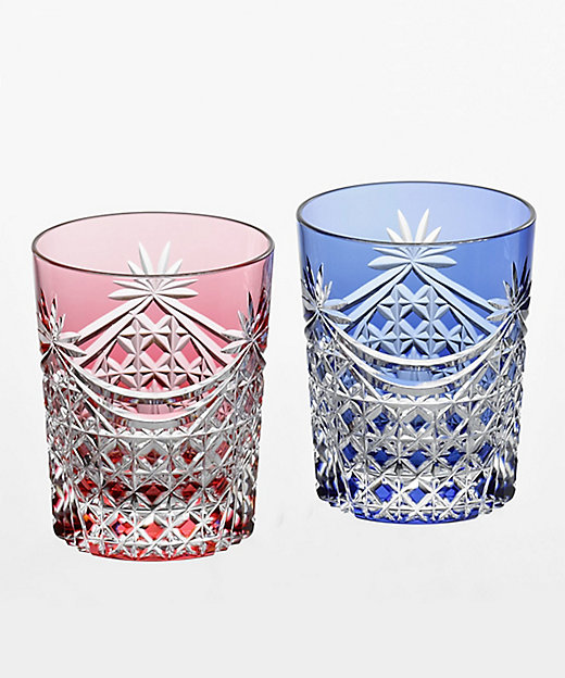 カガミクリスタル 各務硝子 矢来重紋 青色被せ切子 カットグラス 花入