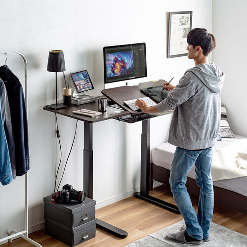 角度調整天板つき 電動昇降デスク 折りたたみ天板 引き出し付き 木目柄