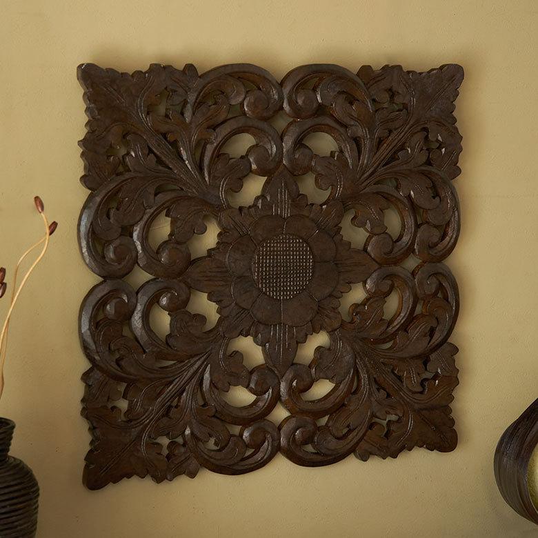 木彫りのアジアンレリーフ 彫刻 スクエア60cmタイプ 11038 : アジア