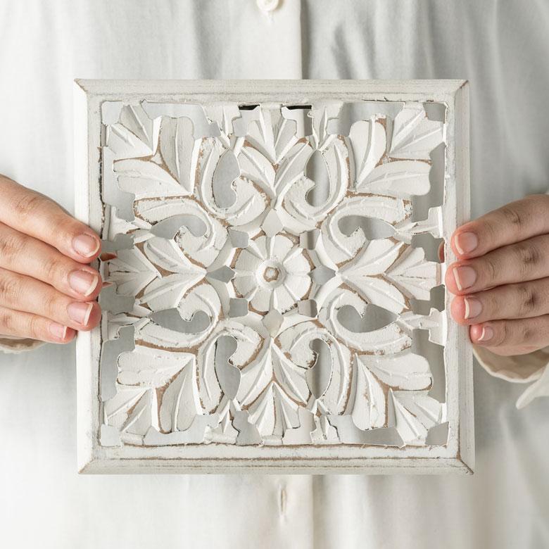 木彫り レリーフ 彫刻 コリント ホワイト 壁掛け カービング アート