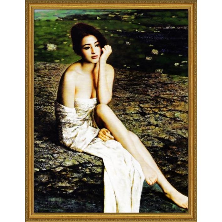 油彩画 肉筆画 【女性】 肉筆絵画 油絵 油彩画 洋画 木枠付 (油絵額縁