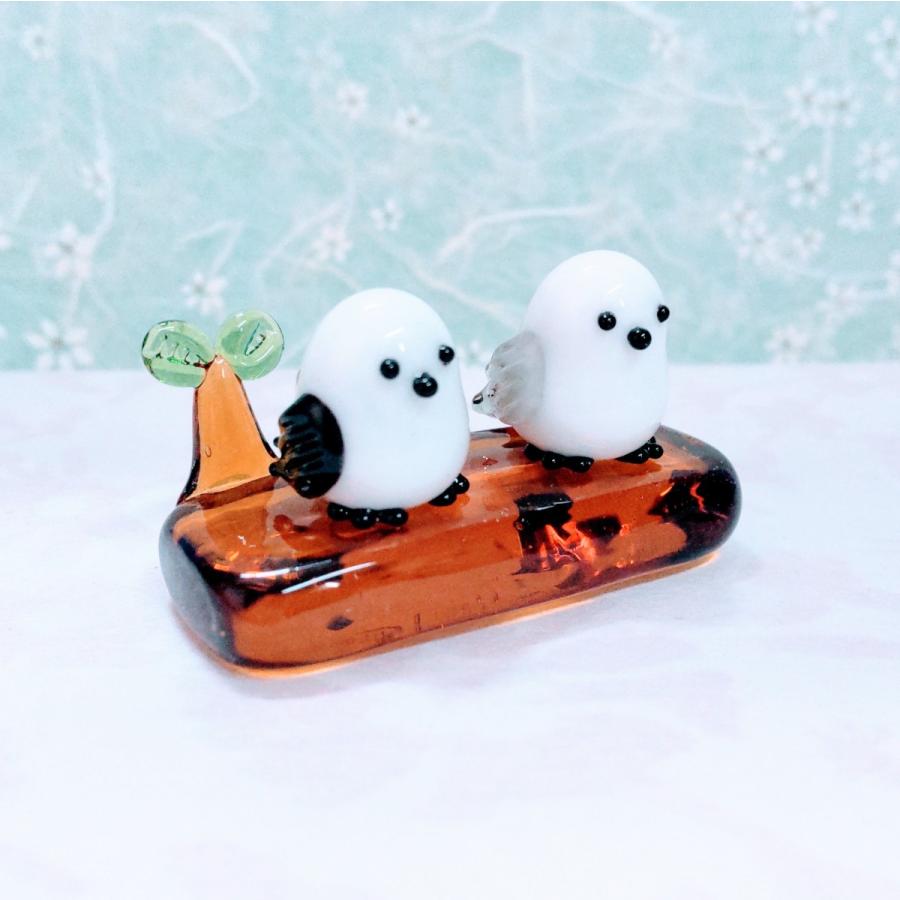 ガラス細工 シマエナガ 2人ベンチ（M) 茶 ミニチュア 置物 雑貨 動物