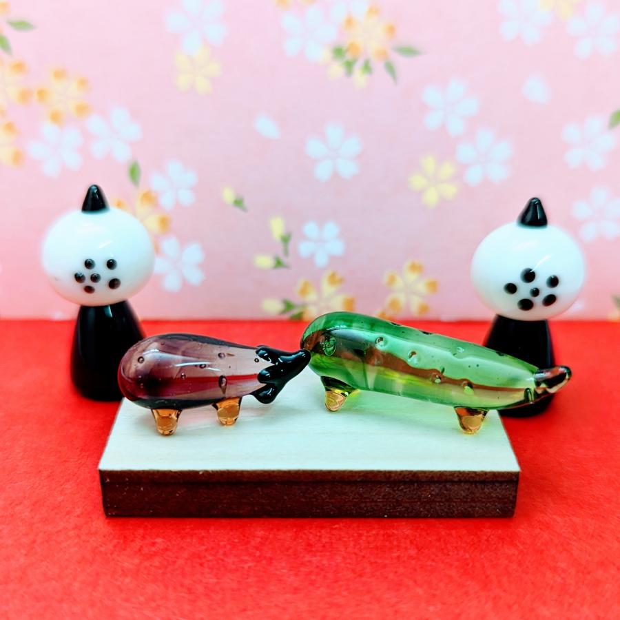 ガラス細工 精霊馬セット（盆提灯、木台付）ミニチュア 置物 小物 盆