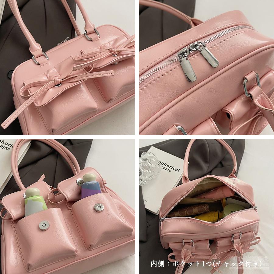 リボン付き エナメル ミニボストン ショルダー バッグ ツインポケット