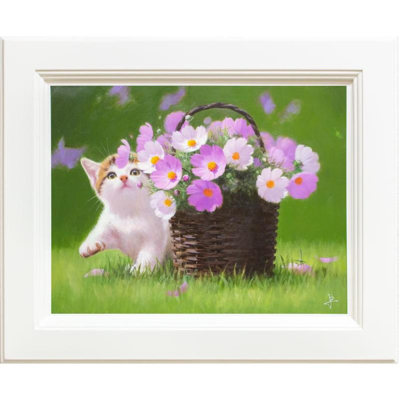 油彩画 バスケットで眠る猫 肉筆 大型豪華フレーム 縦80cm横65cm 油彩