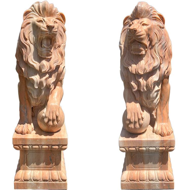 天然大理石彫刻 玉を持つライオン ペア ピンク H158cm 阿吽 狛犬 像