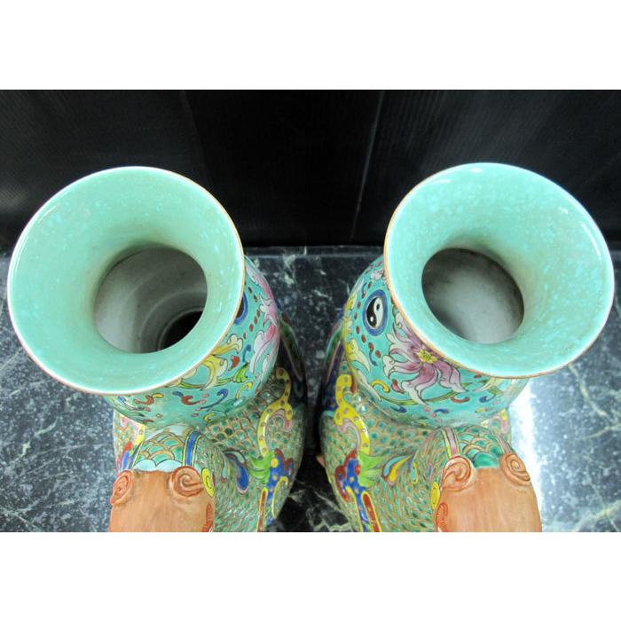 景徳鎮 十錦 動物飾り壺（1対） 高さ約35cm 中国 陶磁器 花瓶 オブジェ