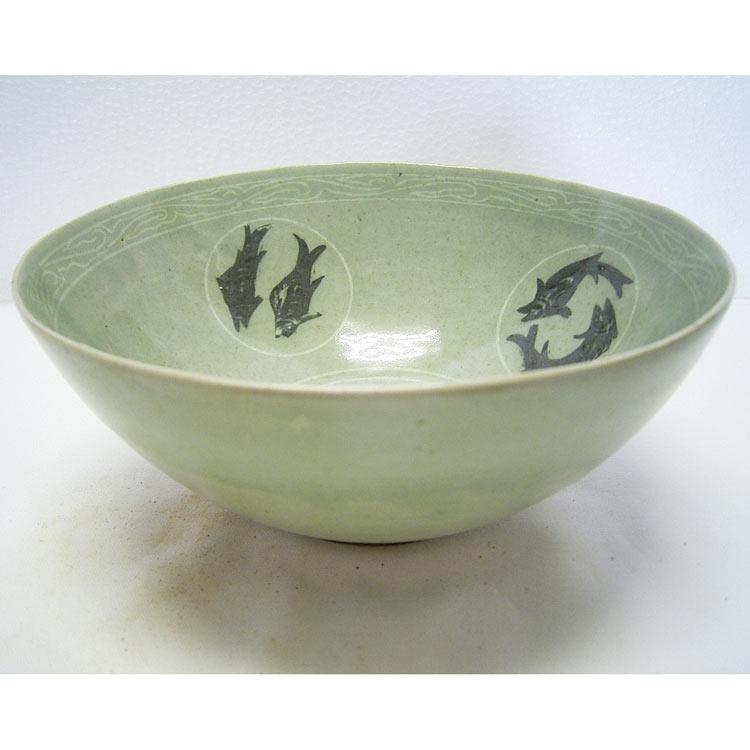 高麗青磁 象嵌魚文鉢 茶碗 李朝 陶磁器 韓国 朝鮮 茶道具 美品 茶道