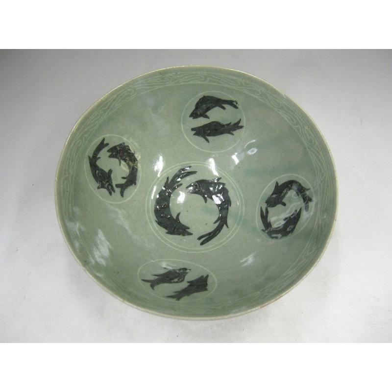 高麗青磁 象嵌魚文鉢 茶碗 李朝 陶磁器 韓国 朝鮮 茶道具 美品 茶道