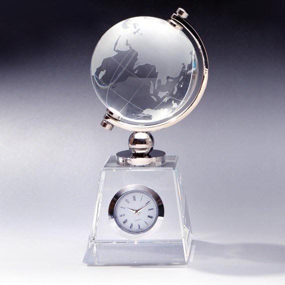 クリスタルガラス 地球儀 グローブ 置時計 シルバー インテリア 卓上