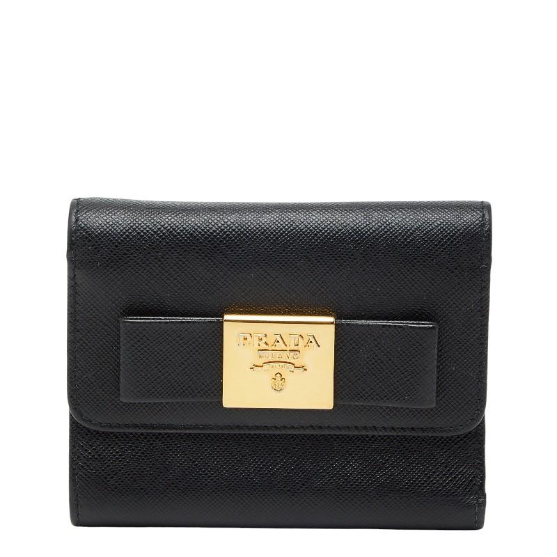 PRADA（プラダ） ロゴ リボン 三つ折り財布 ブラック ゴールド