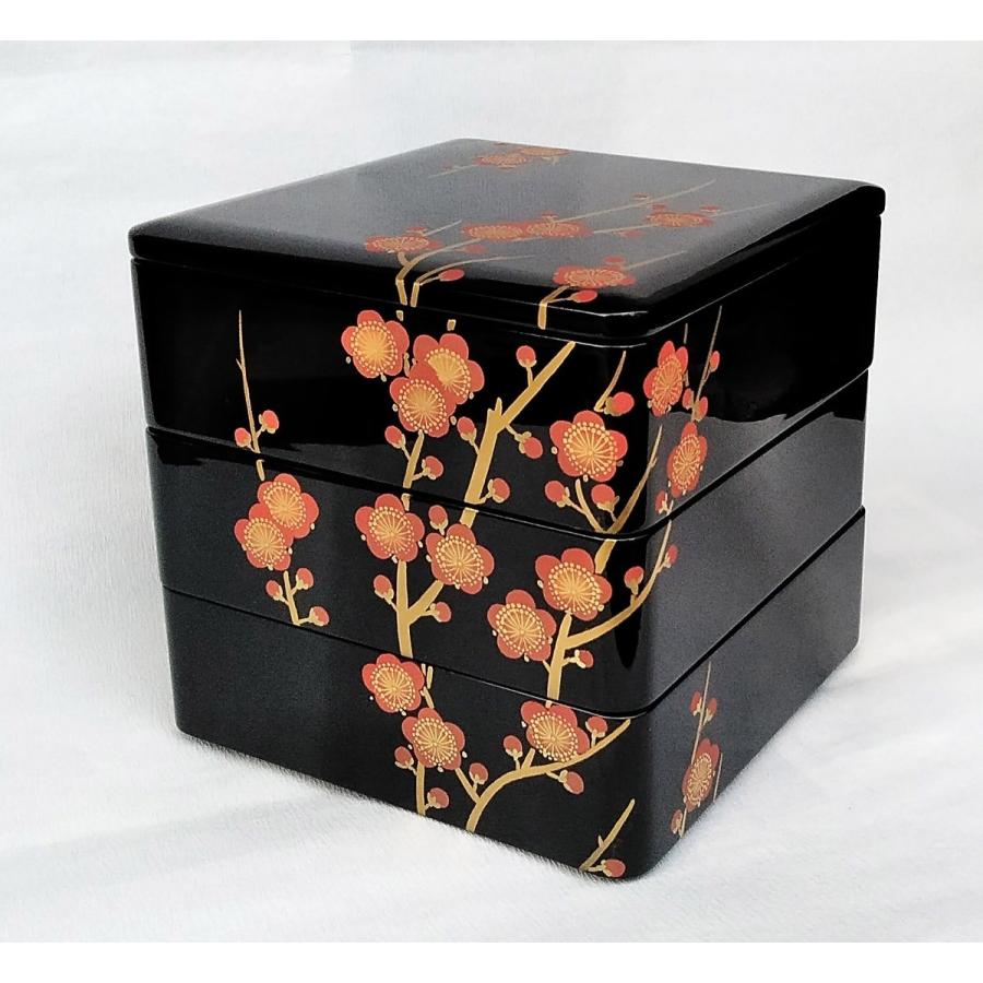 輪島塗 御重箱 三段重 黒塗内朱 夫婦鶴 漆器 美品 おせちに 共箱付