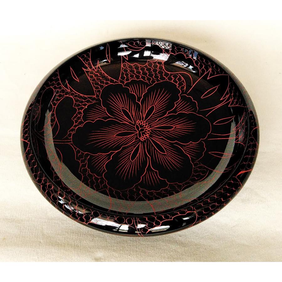 菓子鉢 黒 8.0 鉄鉢 牡丹彫 木製 漆塗り（会津漆器） 会津塗り 菓子器