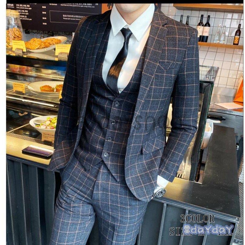 チェック柄 タキシードスーツ 1つボタンスーツ 3ピーススーツ