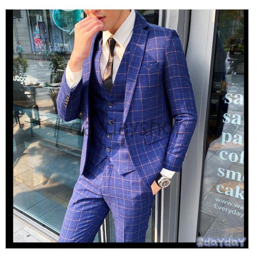 チェック柄 タキシードスーツ 1つボタンスーツ 3ピーススーツ