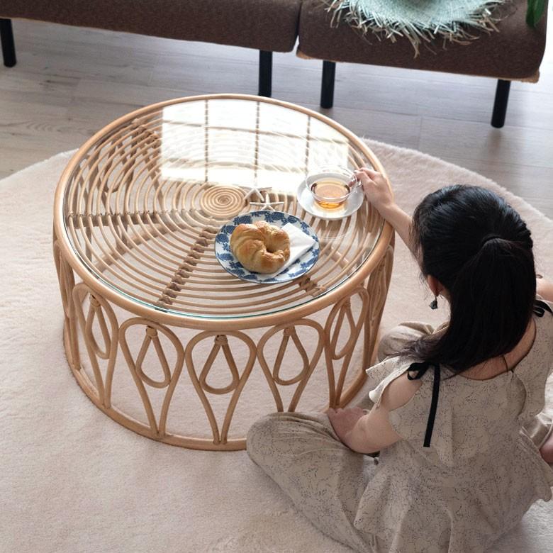 ヴィンテージ 丸ガラス ラタンテーブル 籐 人気 ラウンド コーヒー