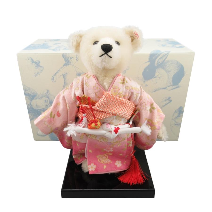 美品 シュタイフ テディベア市松 ピンク 日本限定 着物 箱・台座付き