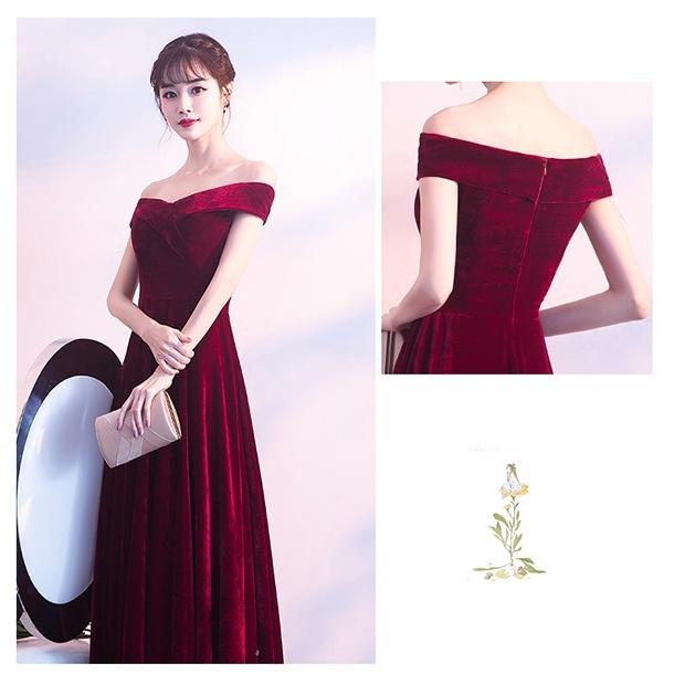 オフショルダー ロングドレス 肩出し ベルベット 背中開き ワイン