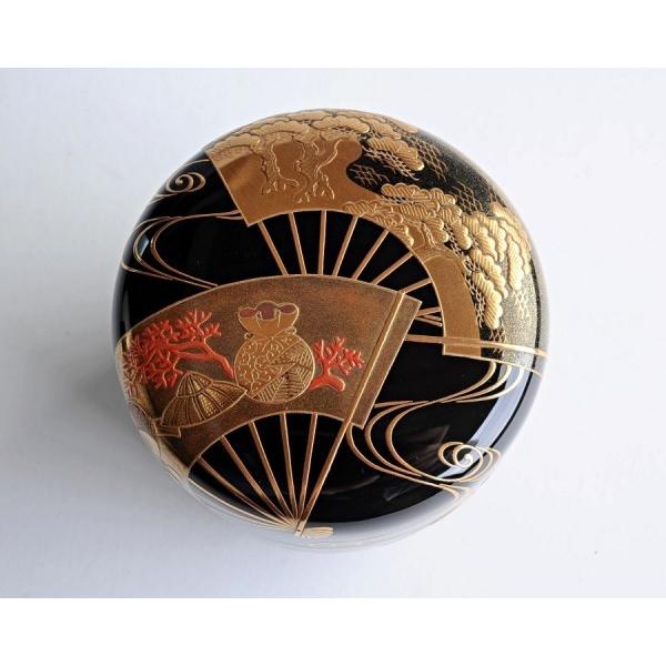 蒔絵師 一瓢斎 黒塗金蒔絵扇面波文 内梨地 棗 二重箱 茶道具 茶入 : 古
