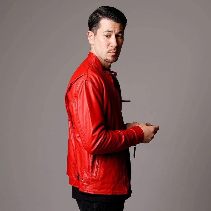 本革 ラムレザー】レッド シングルライダースジャケット メンズ 革