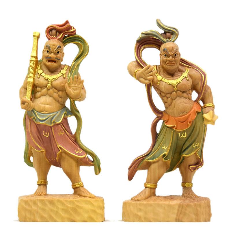 木彫り仏像 【仁王像(金剛力士)】阿吽セット 淡彩色 総高12cm ※桐箱入