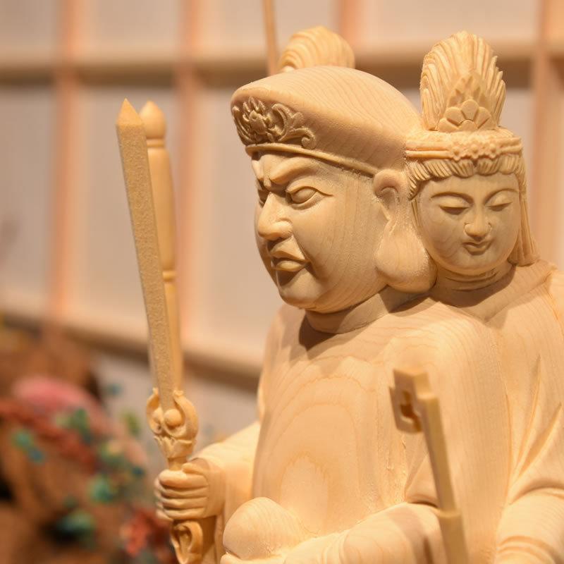 木彫り仏像 【三面出世大黒天】桧木 立5.0寸 総丈33cm 比叡山形三面