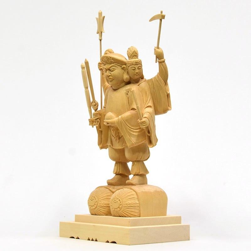 木彫り仏像 【三面出世大黒天】桧木 上彫 立5.0寸 総丈33cm 比叡山形