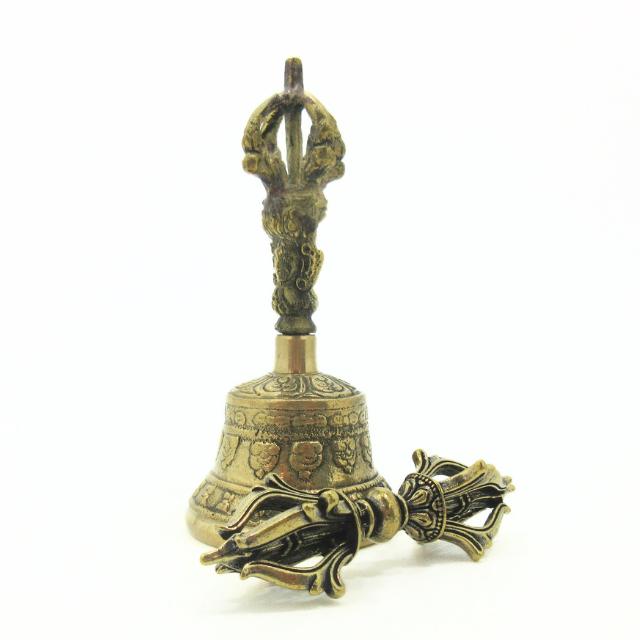 修縁堂】密教法具古美術品 鬼面五鈷蓮金剛鈴 チベット密教 高さ18.5cm