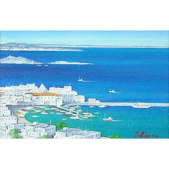 真作】絵画 油彩0号 地中海の風景画 青い海の見える街 W149 真作】絵画