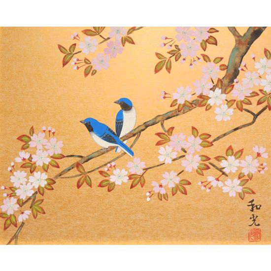 金箔使用 桜と小鳥の日本画屏風 金箔使用 日本伝統屏風 金箔使用 桜と