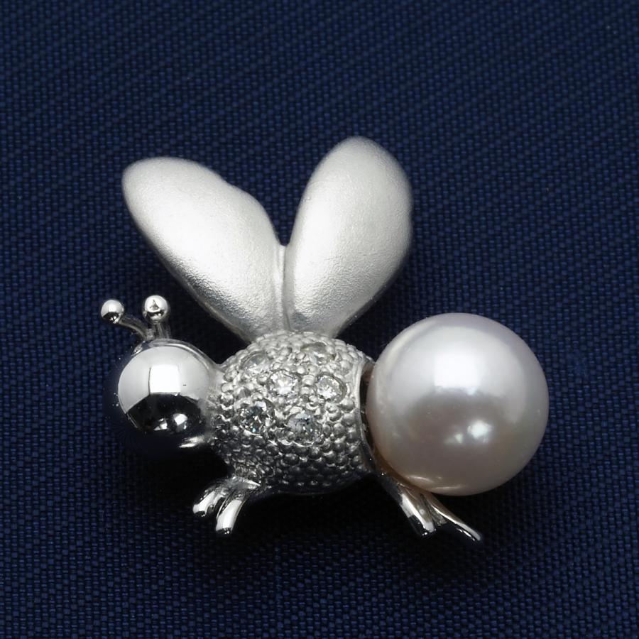 K14WG アコヤ本真珠 ミツバチ ピンブローチ タイタック タイピン 14金