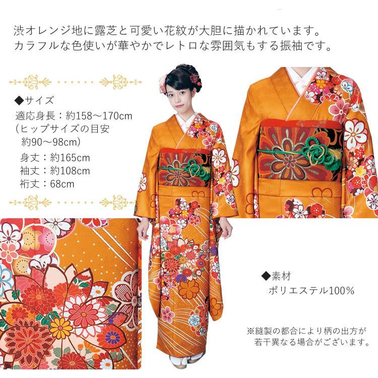 H.L（アッシュ・エル） 振袖3点セット 渋濃オレンジ地吉祥華紋 振袖