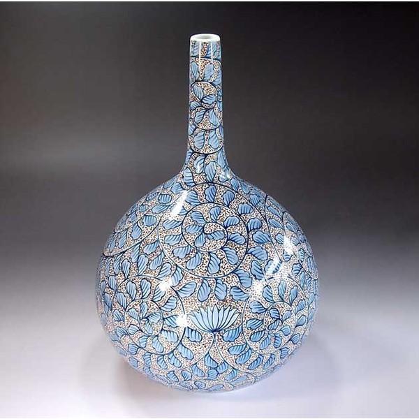 有田焼 染付金彩唐草文様鶴首花瓶｜陶芸作家 藤井錦彩 作 : 有田焼