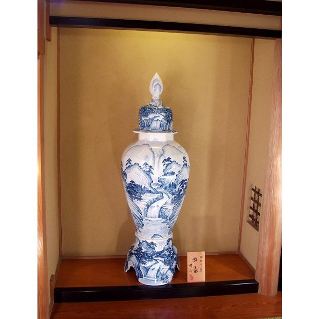 染付山水画飾り特大八角沈香壺｜有田焼 陶芸作家 藤井錦彩作 : 有田焼