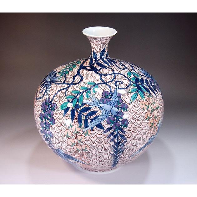 色鍋島様式波文様藤燕絵花瓶｜有田焼 陶芸作家 藤井錦彩作 : 有田焼