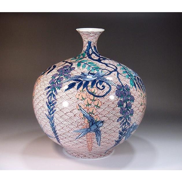 色鍋島様式波文様藤燕絵花瓶｜有田焼 陶芸作家 藤井錦彩作 : 有田焼