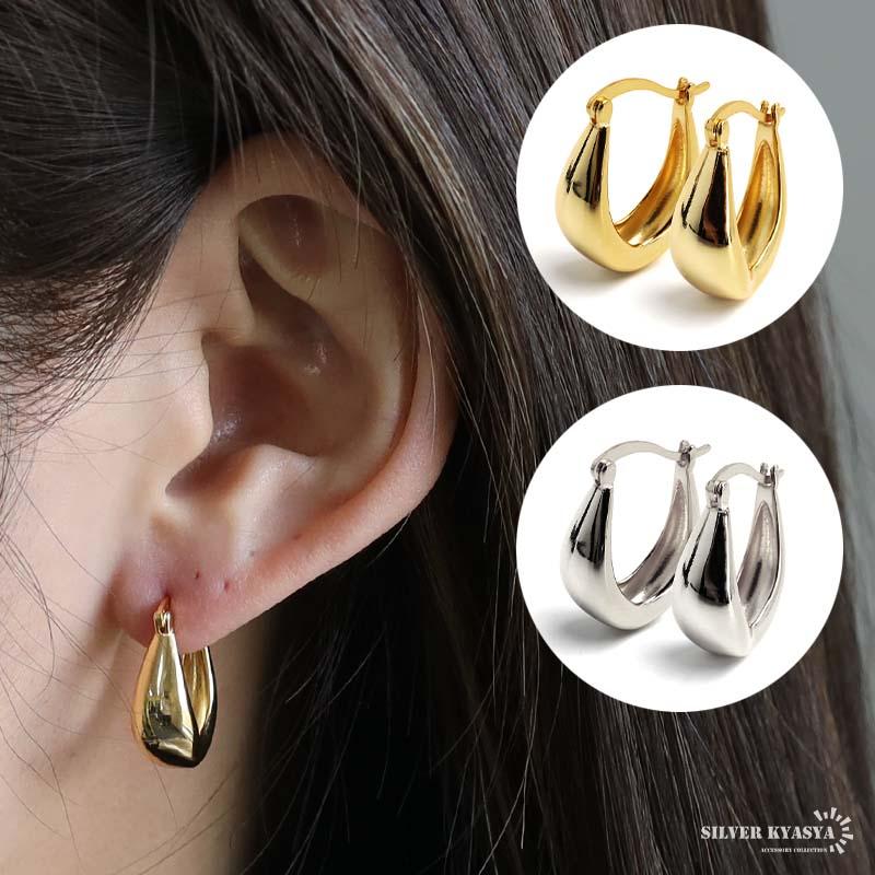 シルバー) シルバー925 フープピアス ぷっくり ゴールド 18K 太め