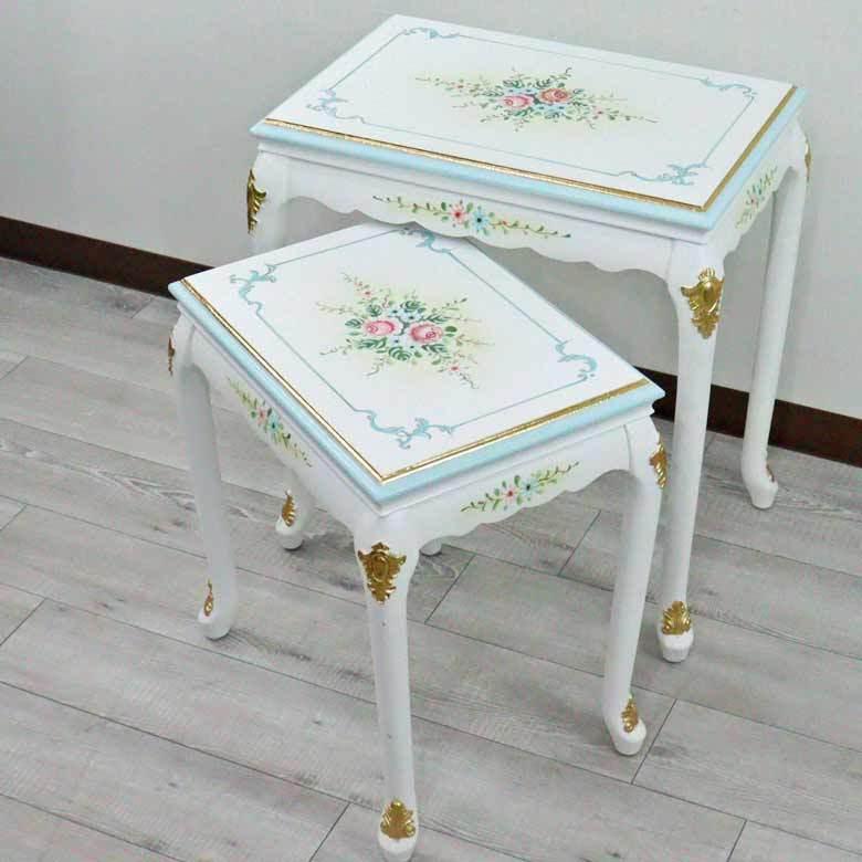 ロココ ネストテーブル 猫脚 サイドテーブル 白家具 ロココ調