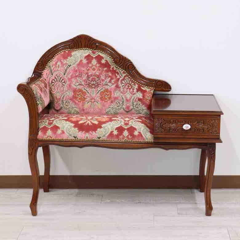 イタリア テレフォンベンチ ソファ 木製 ピンク・金華山 完成品 猫脚