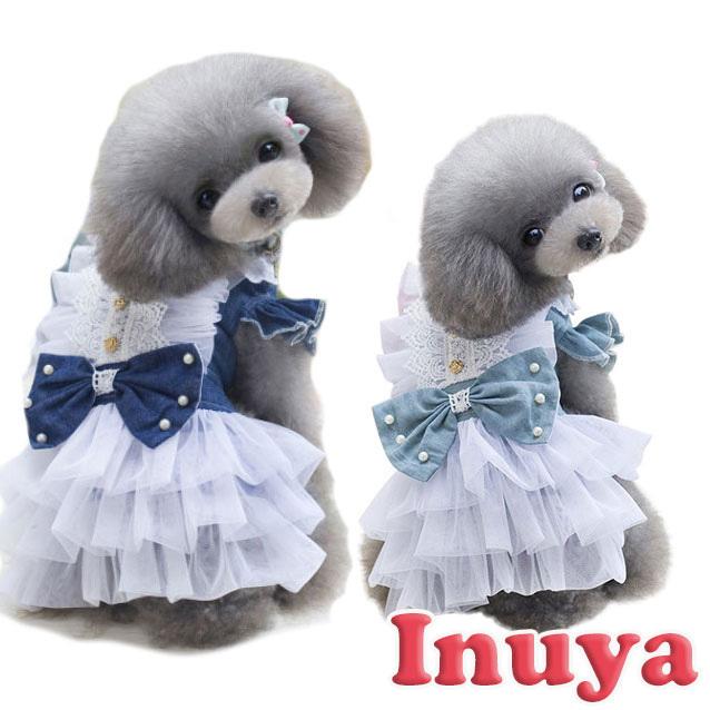 犬服 （ワンピース ドレス デニム リボン） かわいい フリフリ