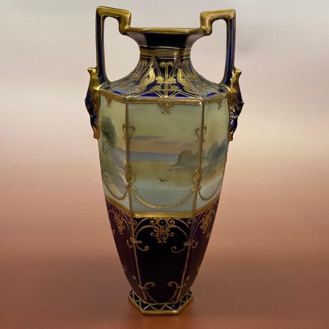 美品】オールドノリタケ コバルト地 金盛り 薔薇紋 花瓶 メープル