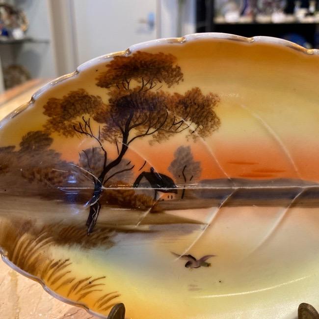 ノリタケ オールドノリタケ 湖畔の風景画 木の葉型プレート ツリー