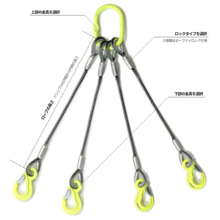 4本吊り 玉掛けワイヤー φ16mm 黒(O/O) 使用荷重:5.99t オーダーメイド