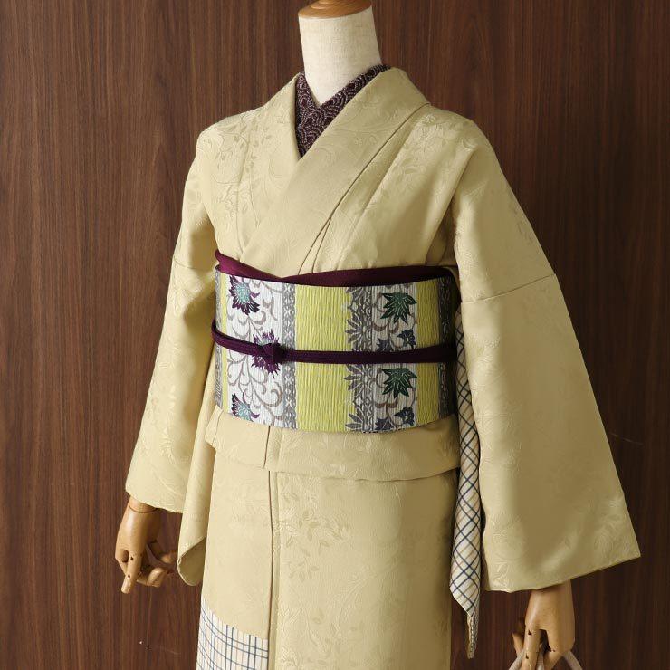 洗える着物 お仕立て上がり 小紋 袷 花唐草地紋 格子パッチワーク 芥子