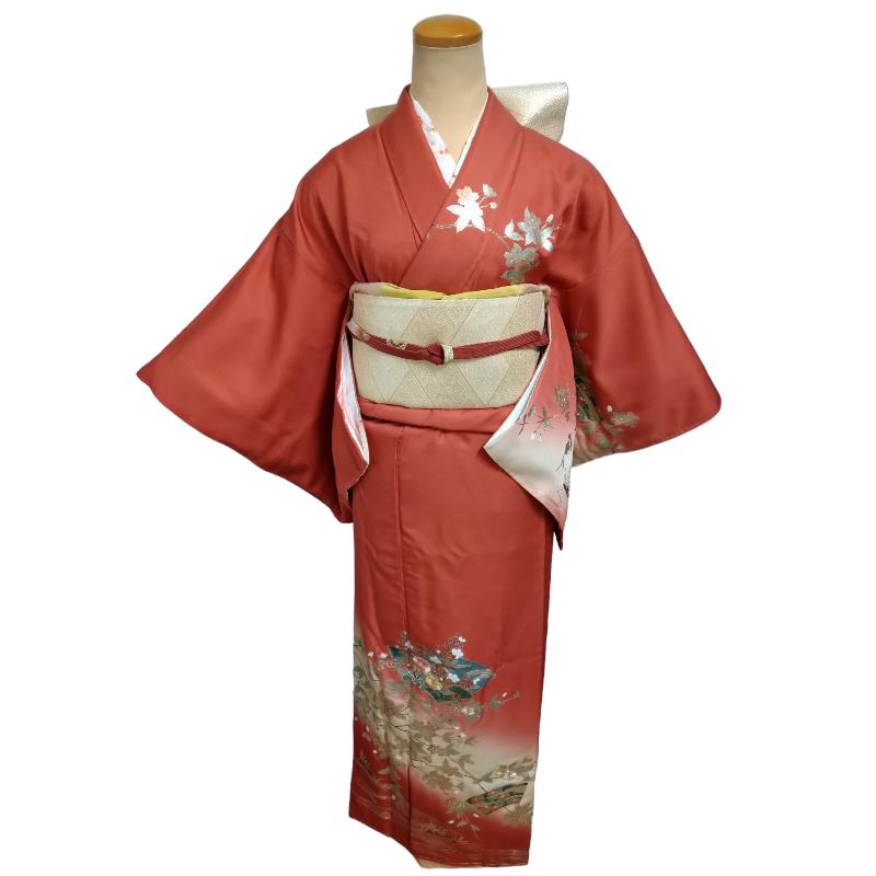 未使用しつけ糸付き訪問着4点フルセット、着物、袋帯、帯締め、帯揚げ